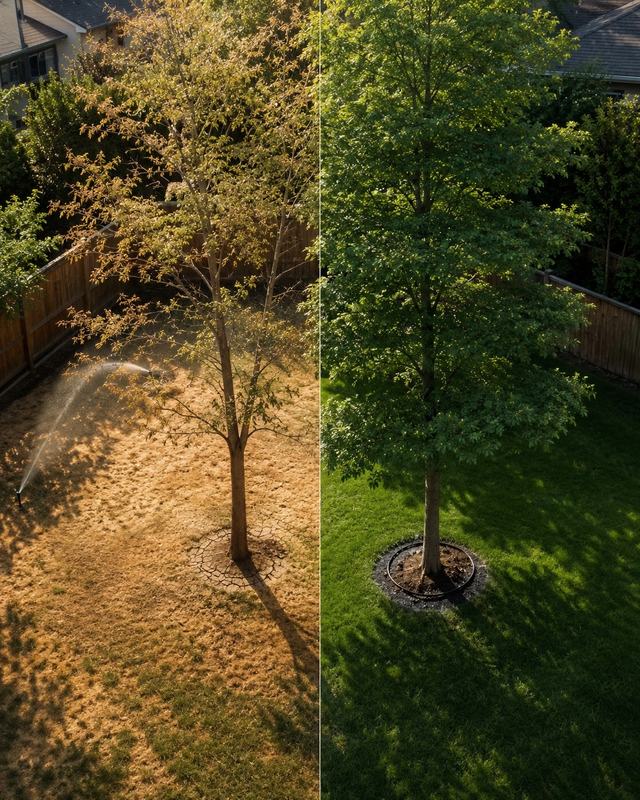 The same residential backyard, before and after JLB Canopy Management. Left: a sparse stressed tree with cracked soil and a sprinkler misting water into evaporation. Right: the same tree six months later with a full layered canopy and lush green turf.